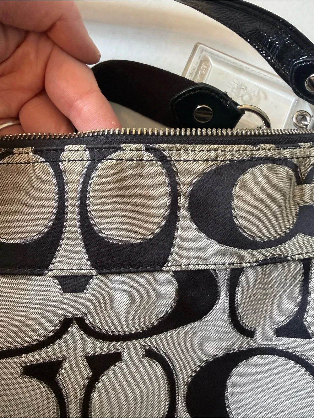 Coach Poppy Signature “C” Crossbody Bag with Black/Gray/Metallic Silver Details